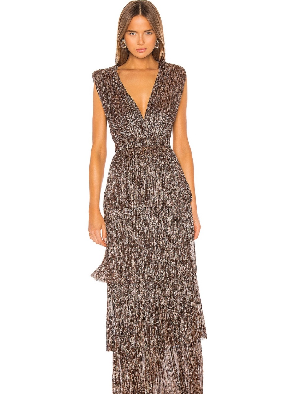 Sabina Musayev Brown Metallic V-Neck Tiered Formal Dress